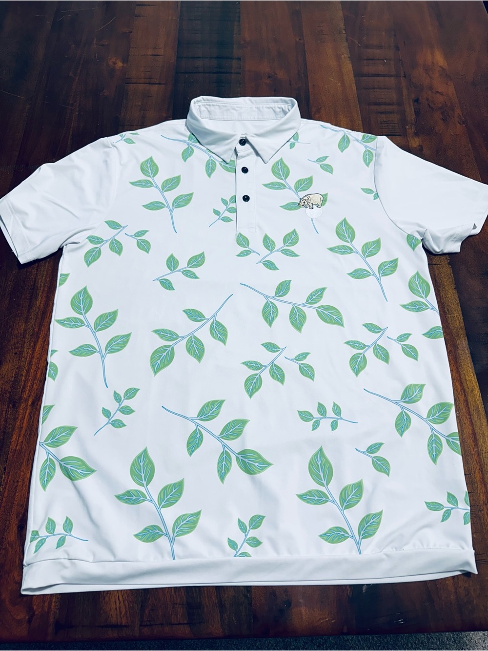 Chippopotamus Men's White Golf Polo with Green Leaf Print and Embroidered Bear